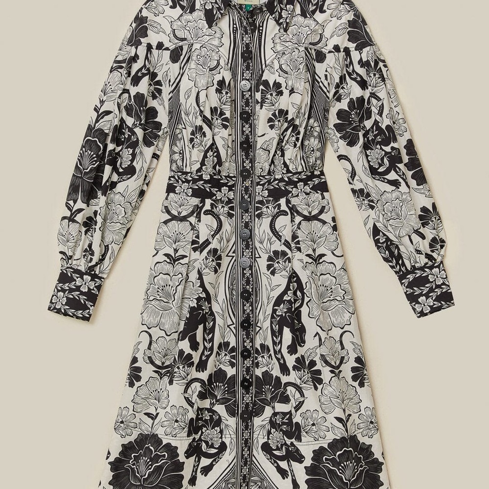 FARM RIO LONG-SLEEVE COLLARED MIDI SHIRT DRESS